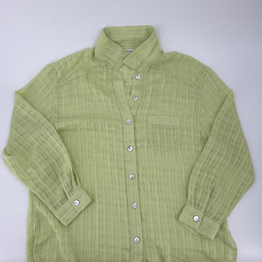 Blast‎ Blouse Textured Grid Y2K Womens Medium Sage Green Sheer Button Up Shirt